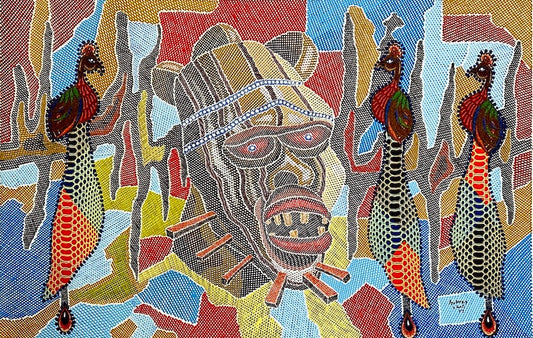 Ancestor Figure and Spirit Dancers Mixed Media on Canvas Painting