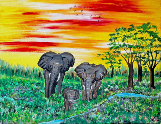 Elephant Family Acrylic Canvas Painting