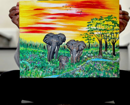 Elephant Family Acrylic Canvas Painting