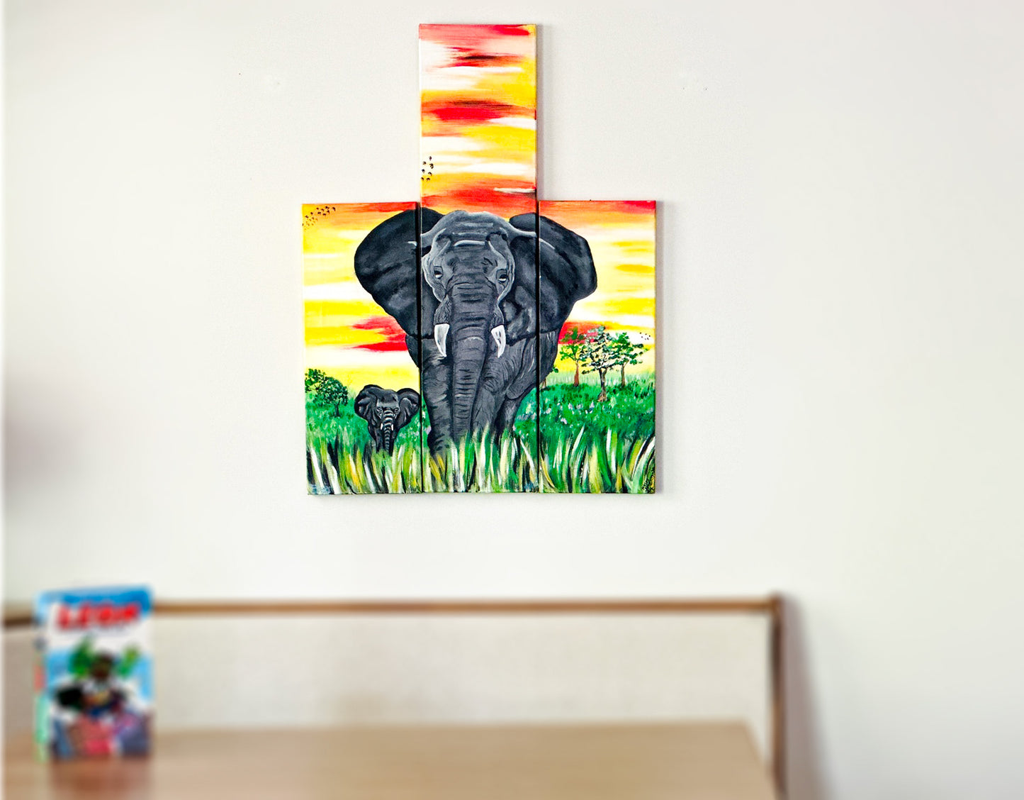 Elephant Family Acrylic Painting on Canvas Triptych