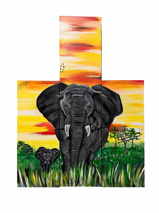 Elephant Family Acrylic Painting on Canvas Triptych