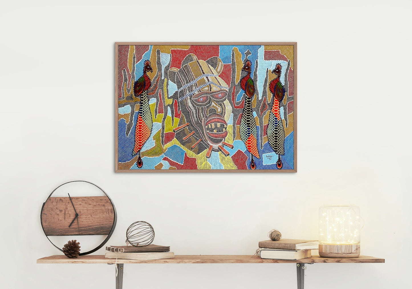 Ancestor Figure and Spirit Dancers Mixed Media on Canvas Painting
